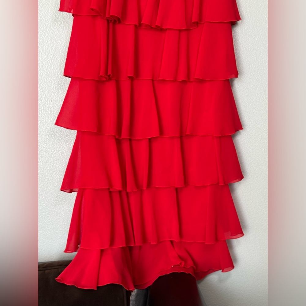 PrettyLittleThing Red Chiffon Ruffle Layer Maxi Dress Size 4 - Picture 8 of 11